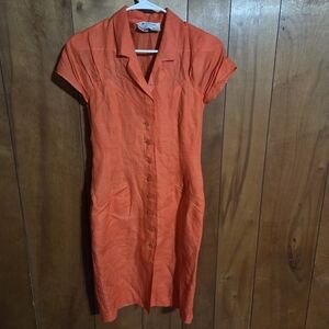 Vintage Sportmax orange 100% linen button down dress Size 4 shoulder pads